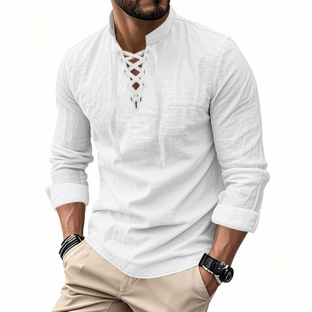 Men's casual sailor-style shirt with stand collar and lace-up front StylebySassy