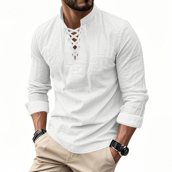 Men's casual sailor-style shirt with stand collar and lace-up front StylebySassy