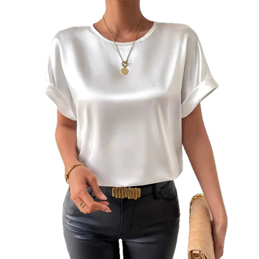 Women nan lightweight satin blouse shirt with round neck and cuff sleeves StylebySassy