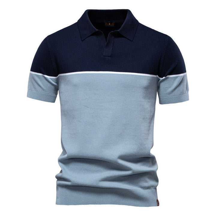 Men's modern short sleeve polo shirt made of fine knit with open lapel collar and horizontal contrast yoke StylebySassy