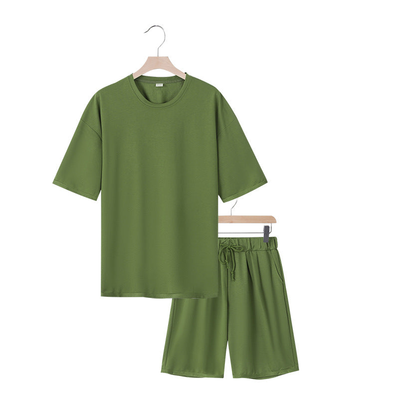 Men's relaxed jersey set with extended round neck t-shirt and elastic drawstring shorts StylebySassy