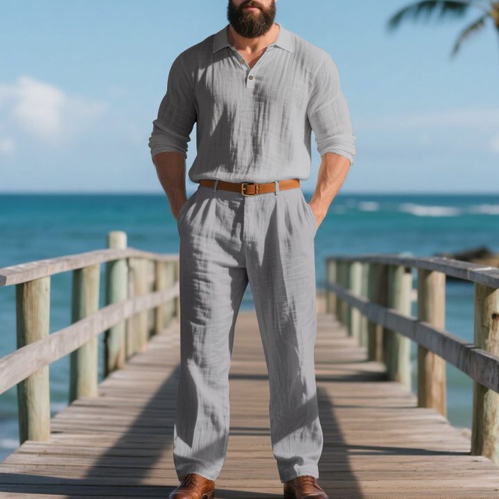 Men's airy linen two-piece set with V-neck shirt and loose pleated trousers StylebySassy