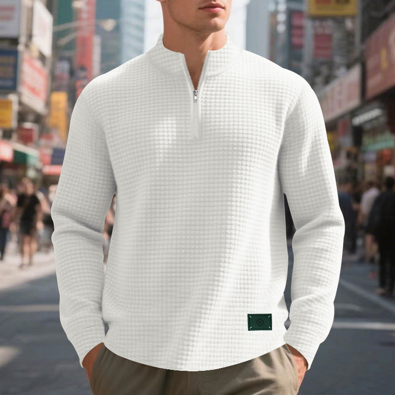 Men's nano lightweight waffle knit pullover with short collar zipper and rounded hem StylebySassy
