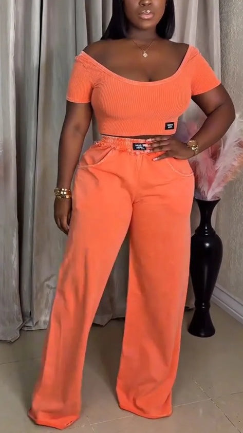Women's off-the-shoulder ribbed crop top with wide-cut, high-waisted palazzo pants StylebySassy