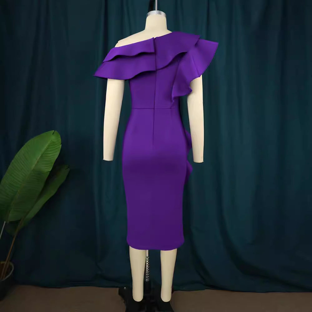 Women Elegant Sheath Dress with Asymmetrical Ruffle Design StylebySassy