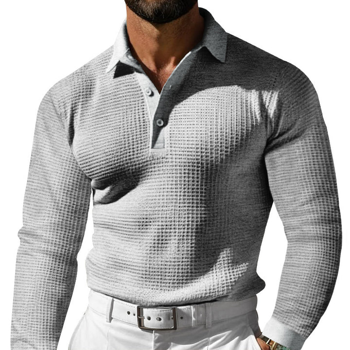 Men's form-fitting long-sleeve polo shirt made of fine waffle fabric with a slim Milano collar and elastic hem StylebySassy