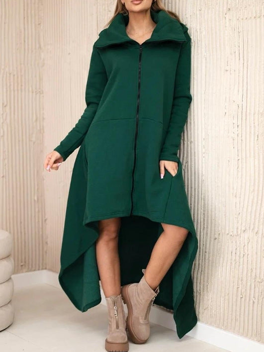 Women's nan asymmetrical sweatshirt dress with high stand-up collar, full-length zipper and extended back hem StylebySassy