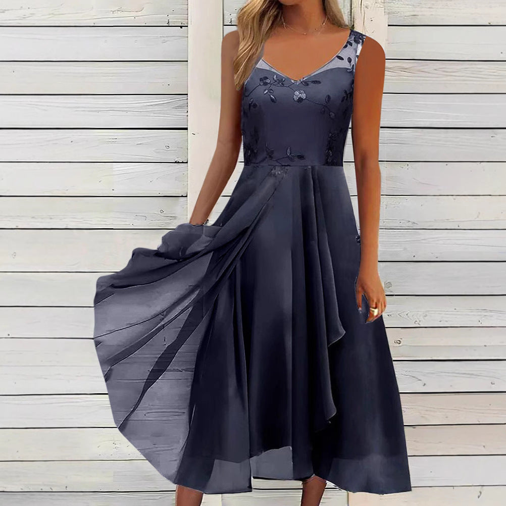 Women A-line chiffon dress with floral embroidered bodice, V-neck, draped godet swing and concealed side pockets StylebySassy