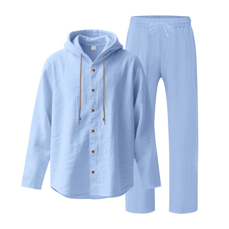 Men's two-piece lounge set with button hoodie shirt made of crepe jersey and straight drawstring pants StylebySassy