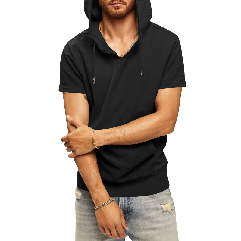 Men's casual short-sleeve hoodie shirt in a loose fit with kangaroo pocket and drawstring StylebySassy