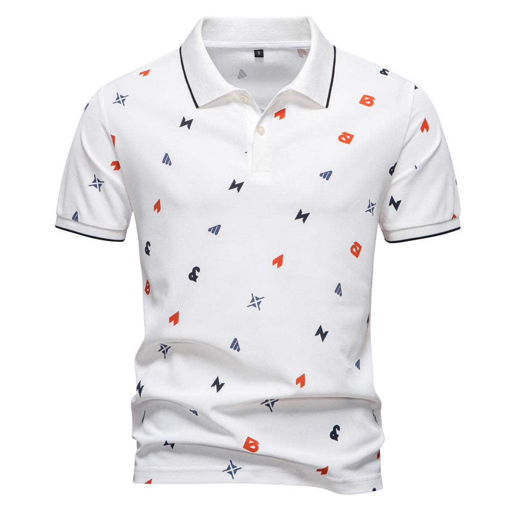 Men's short-sleeved pique polo shirt with geometric all-over print, kent collar, and contrast trim StylebySassy
