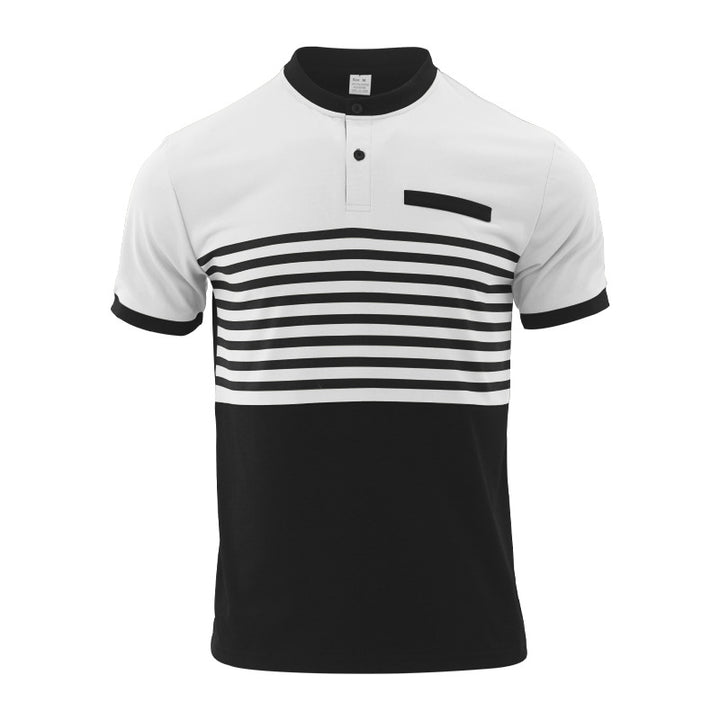 Men's short-sleeved striped short-sleeve shirt with button placket, stand-up collar and chest piping StylebySassy