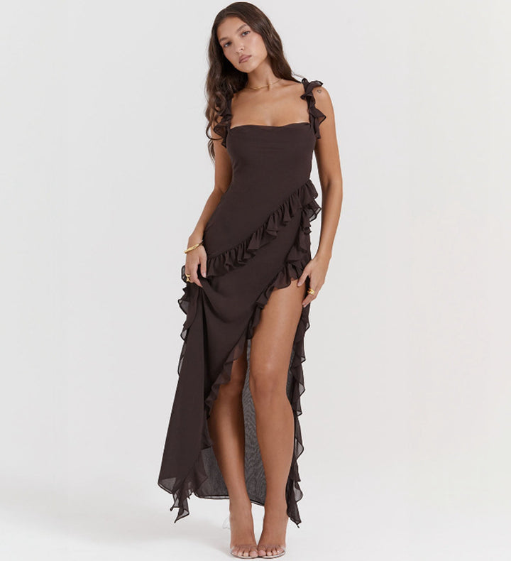 Women long evening dress with square neckline, shoulder ruffle straps, and high leg slits StylebySassy
