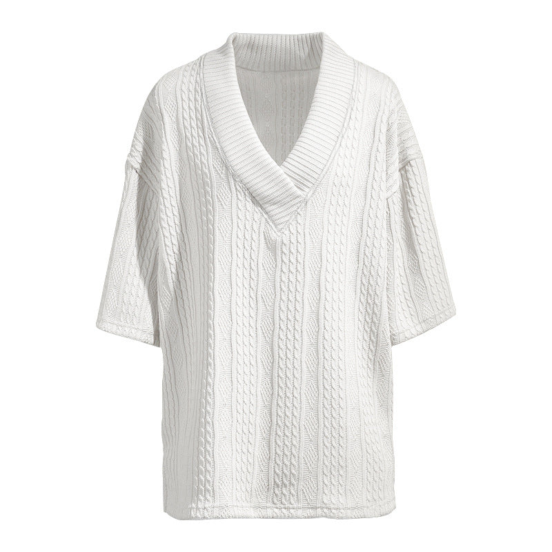 Ladies knit pullover with shawl collar and cable pattern StylebySassy