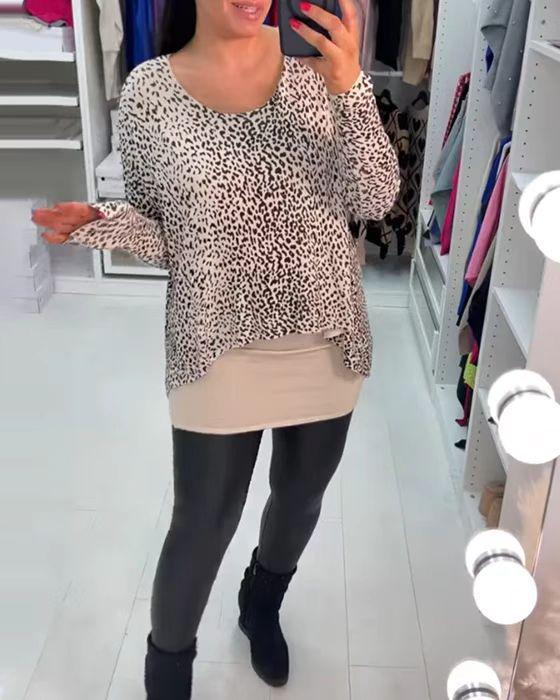 Women loose-fitting tunic long sleeve with leopard print, rounded hem and layered look StylebySassy