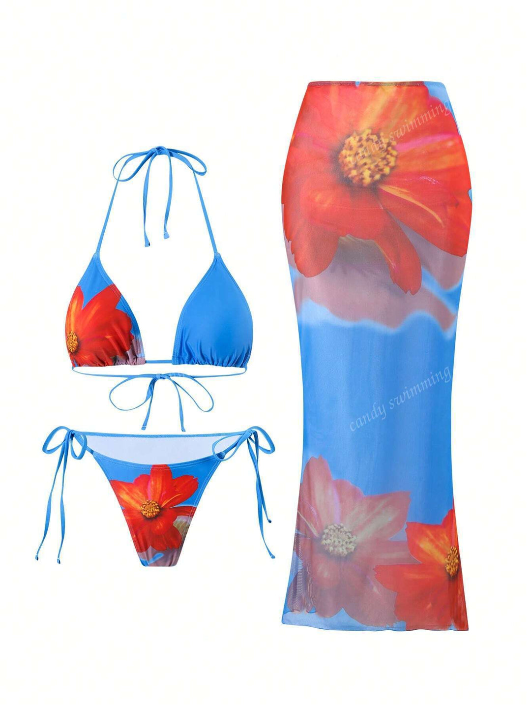 Women's triangle bikini set with floral patterns and transparent maxi skirt StylebySassy
