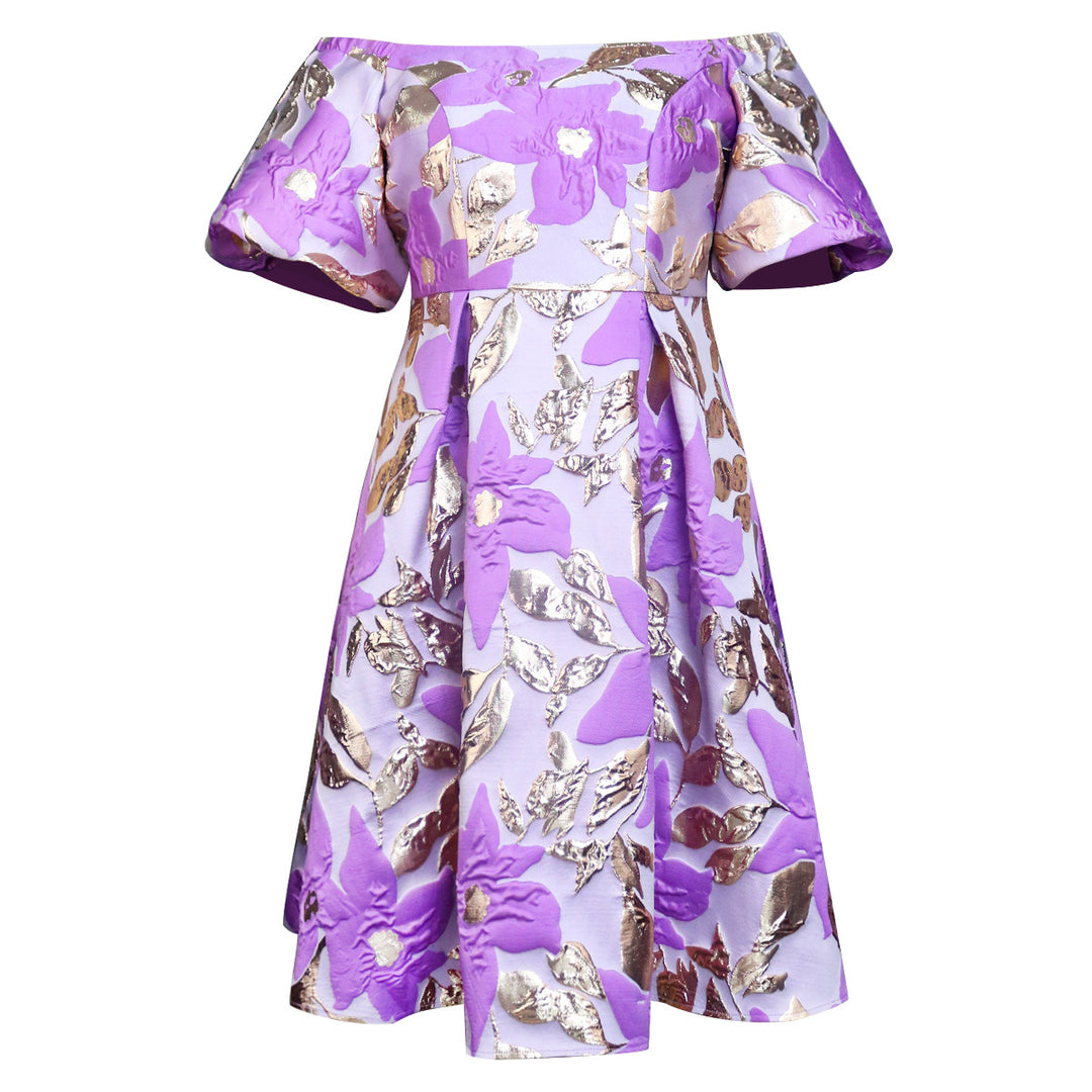 Ladies Off-Shoulder Dress with Floral Embossed Details StylebySassy