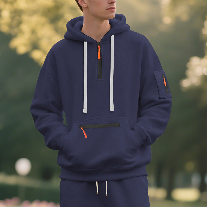 Men's half-zip hoodie with sealed zippers, kangaroo zip pocket, and arm pocket StylebySassy