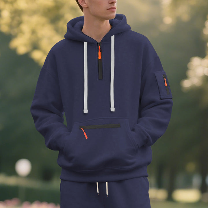 Men's half-zip hoodie with sealed zippers, kangaroo zip pocket, and arm pocket StylebySassy