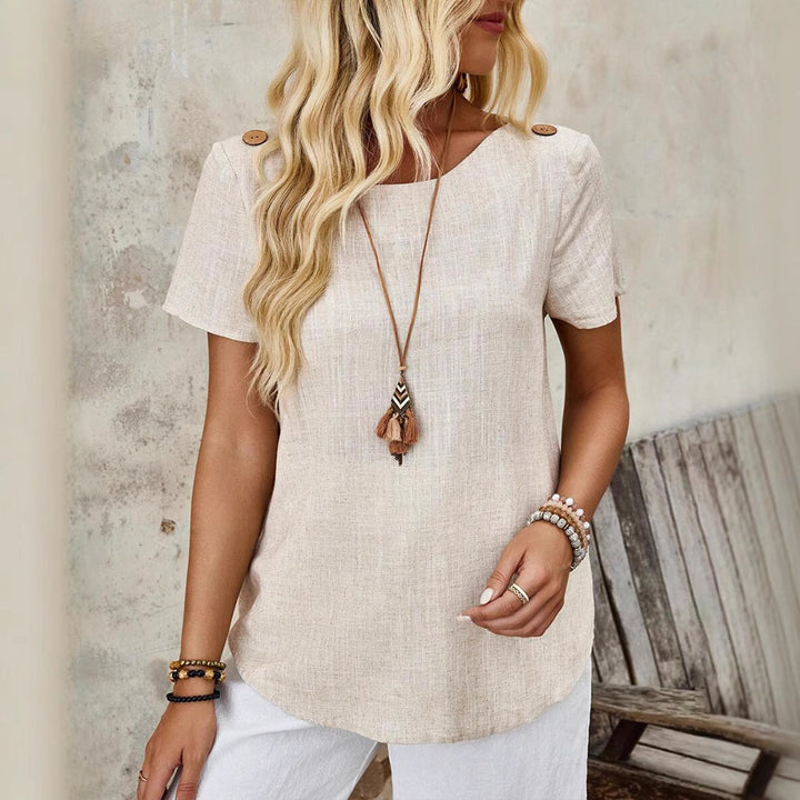 Women's cropped short-sleeve linen-look top with round neck, shoulder button placket, and rounded hem StylebySassy