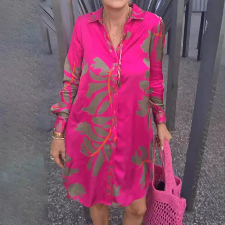 Women's short tunic shirt dress in satin look with large leaf print, shirt collar and loose A-line StylebySassy