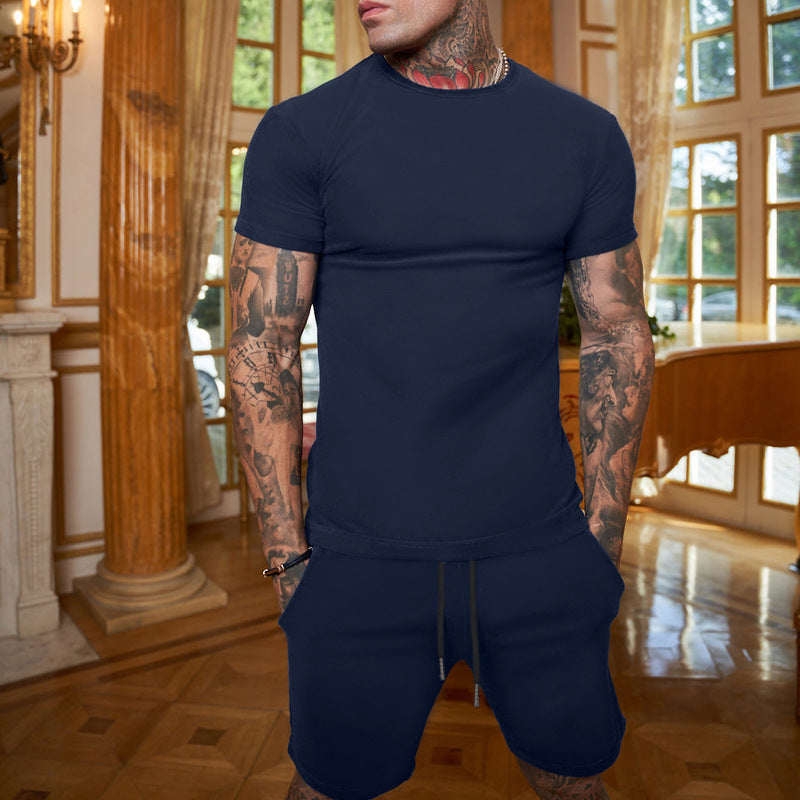 Men's slim Jersey set with round neck shirt and elastic drawstring shorts StylebySassy