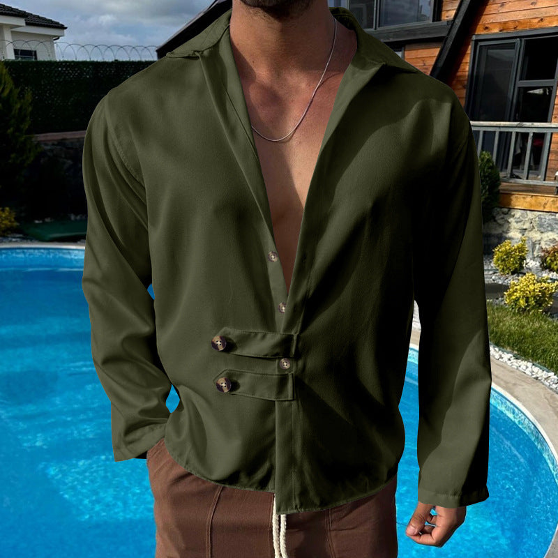 Men's modern long-sleeved shirt with deep neckline and asymmetrical strap look StylebySassy