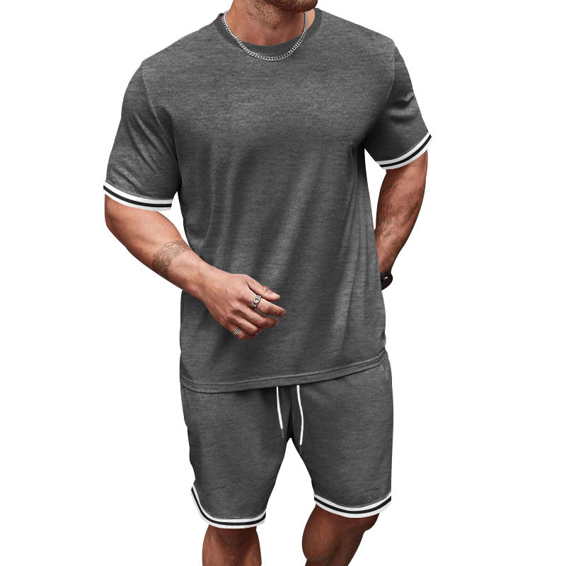 Men's casual jersey set consisting of short-sleeve shirt and bermuda shorts with contrasting stripes, elastic waistband, and insert pockets StylebySassy