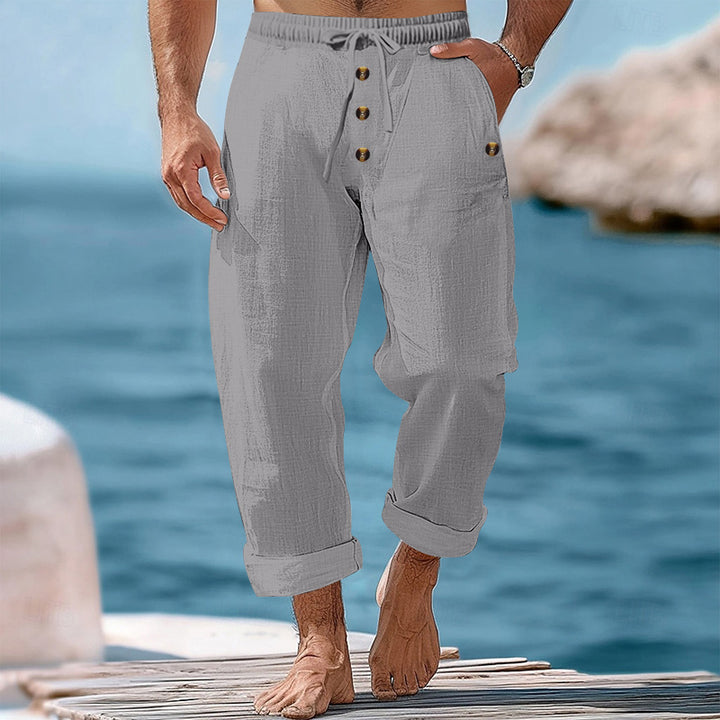 Men's casual linen-cotton pants with elastic waistband, drawstring, and rolled-up hem StylebySassy