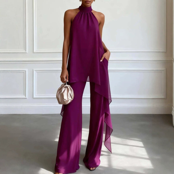 Ladies' elegant evening two-piece with gathered stand collar, asymmetrical ruffle, and flowing flared trousers StylebySassy