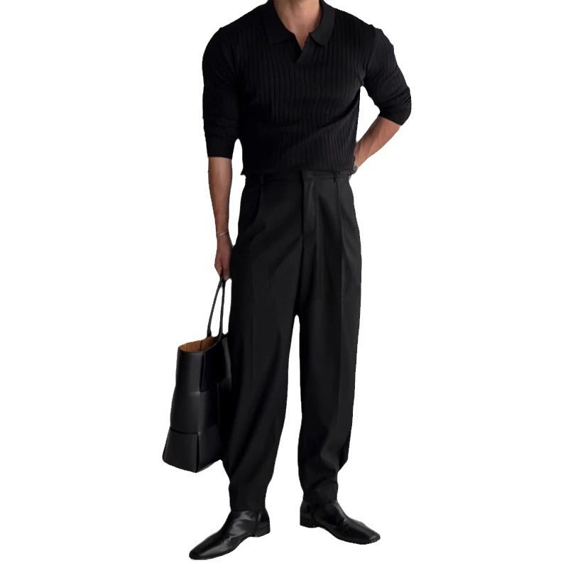 Men's fitted ribbed polo sweater with open V-neck and slim fit StylebySassy