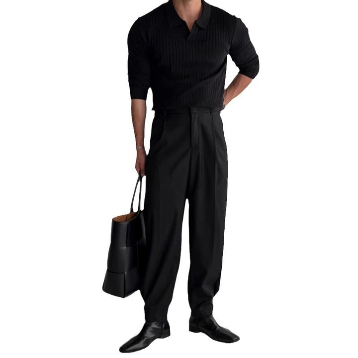 Men's fitted ribbed polo sweater with open V-neck and slim fit StylebySassy