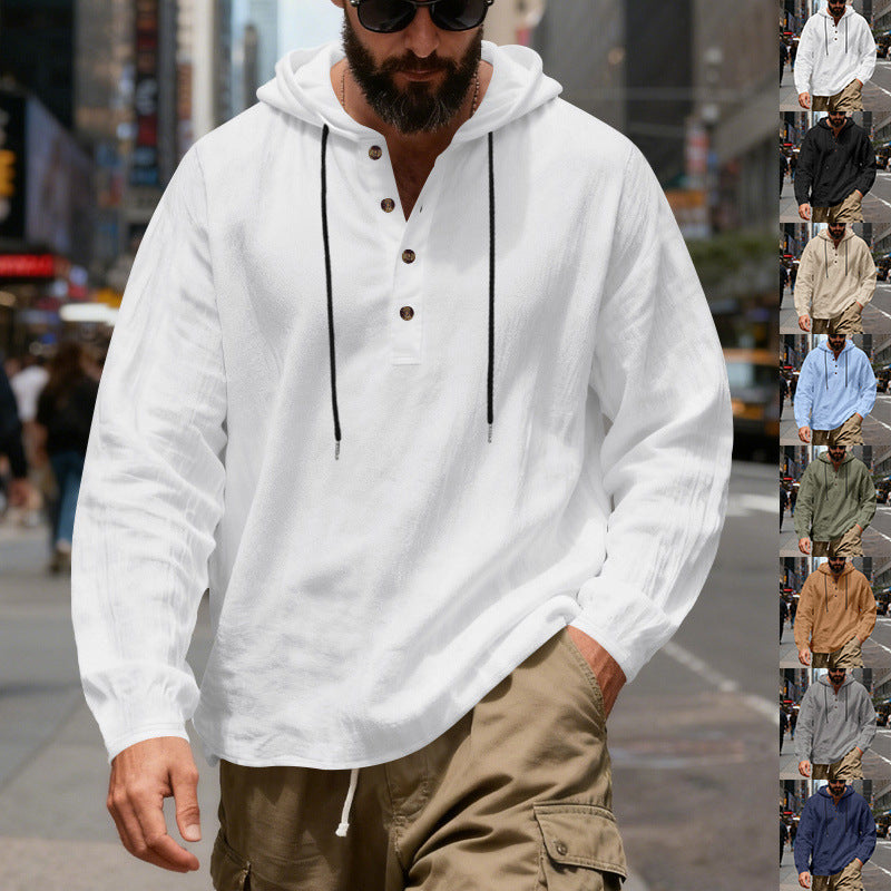 Men's lightweight hooded shirt with button placket made of linen blend and relaxed fit StylebySassy
