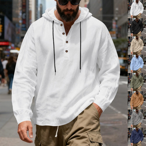 Men's lightweight hooded shirt with button placket made of linen blend and relaxed fit StylebySassy