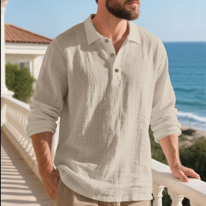 Men's casual linen henley shirt with polo collar and triple button placket StylebySassy