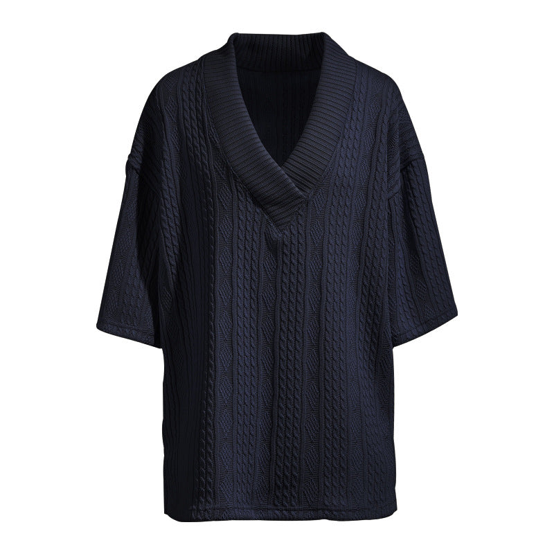 Ladies knit pullover with shawl collar and cable pattern StylebySassy