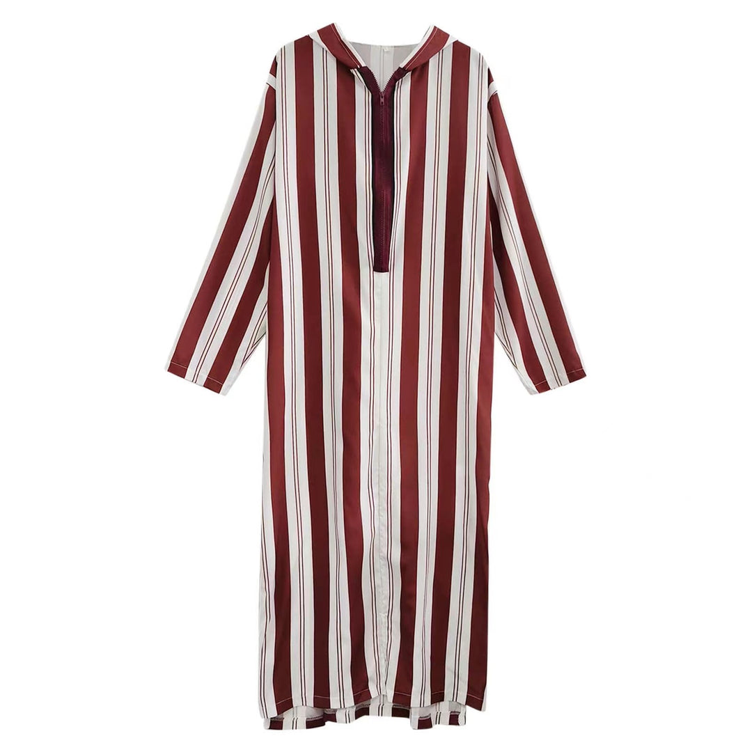 Ladies long hooded shirt dress with front zipper and vertical stripe pattern StylebySassy