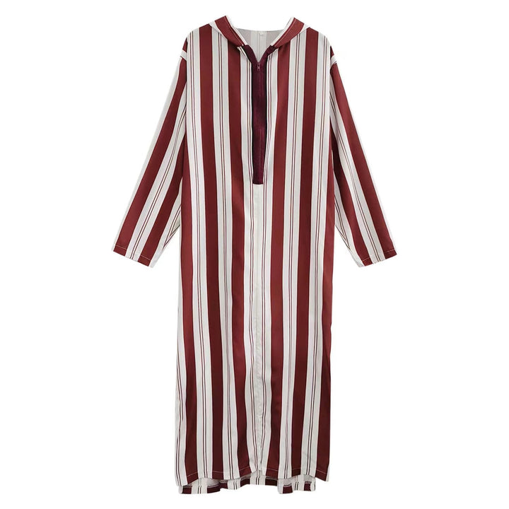 Ladies long hooded shirt dress with front zipper and vertical stripe pattern StylebySassy