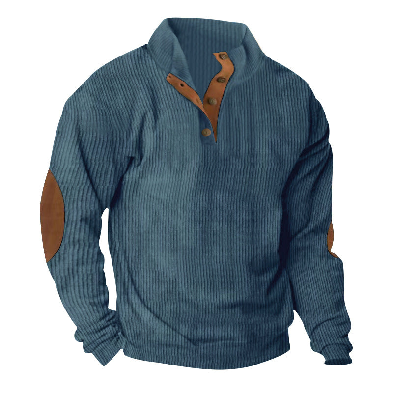Men's knitted cotton blend sweater with stand-up collar, button placket, and leather-look elbow patches StylebySassy