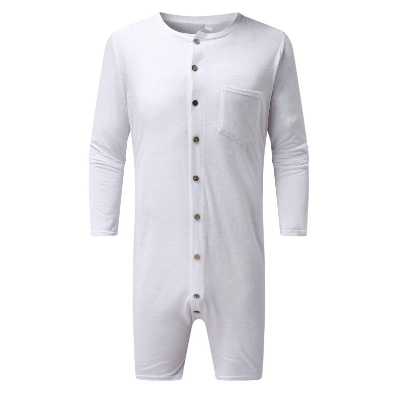 Men's comfortable short overall with round neck, continuous wooden button placket and chest pocket StylebySassy