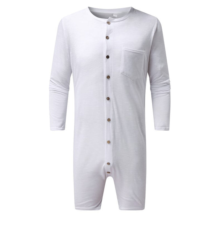 Men's comfortable short overall with round neck, continuous wooden button placket and chest pocket StylebySassy