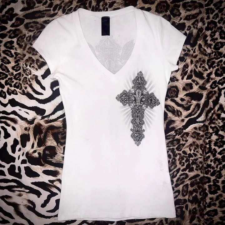 Women V-Neck T-Shirt with Artistic Cross Design StylebySassy