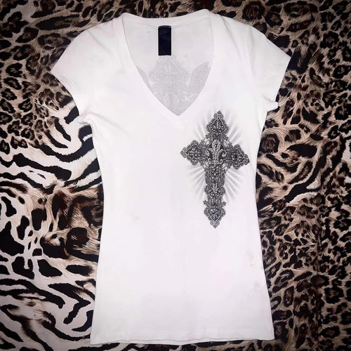 Women V-Neck T-Shirt with Artistic Cross Design StylebySassy