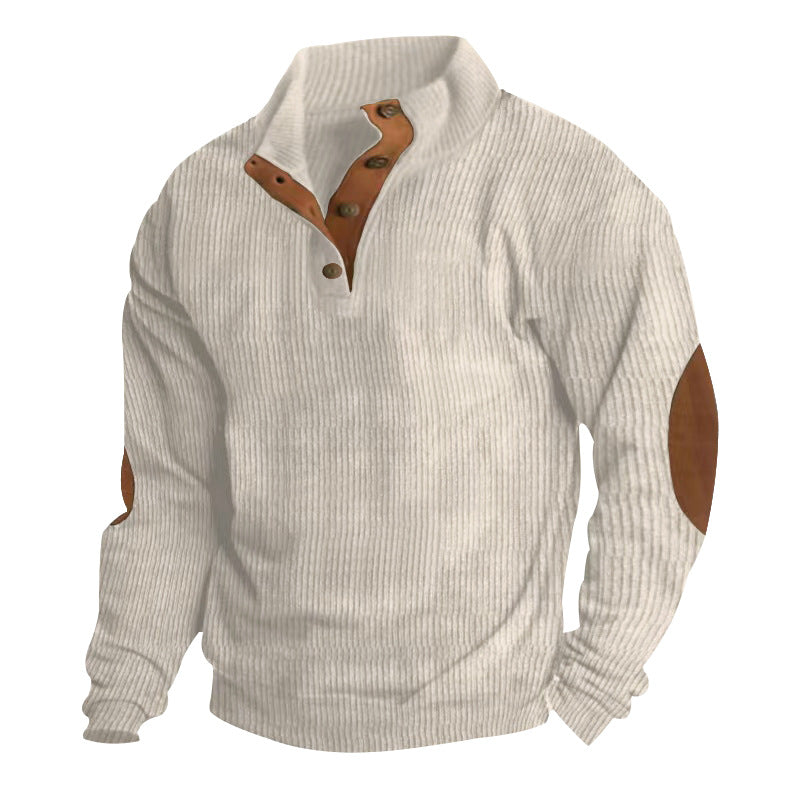 Men's knitted cotton blend sweater with stand-up collar, button placket, and leather-look elbow patches StylebySassy