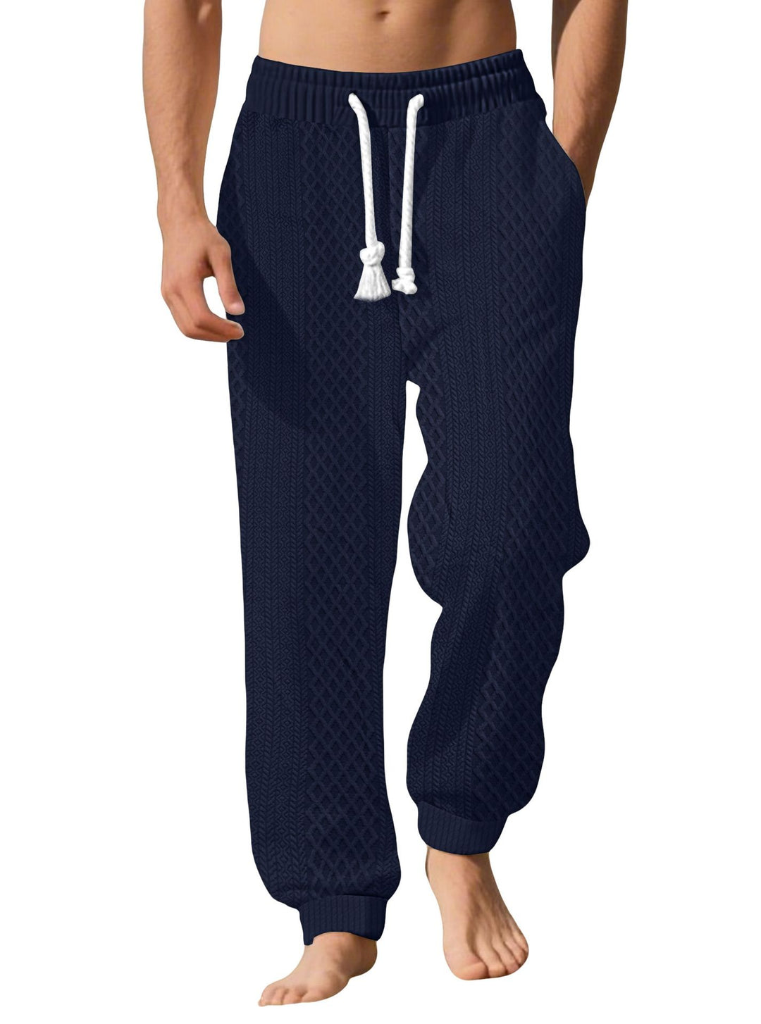 Men's knitted comfort pants with cable structure, elastic waistband, drawstring, and side pockets StylebySassy