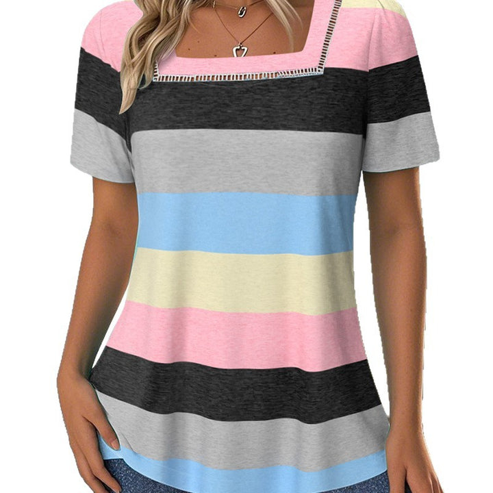 Women's striped jersey long shirt with square neckline and casual hip length StylebySassy