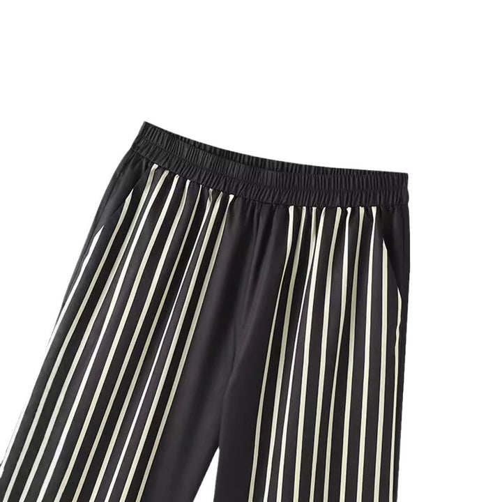 Women's striped lounge two-piece with stand-up collar button-up shirt jacket and straight pajama pants StylebySassy