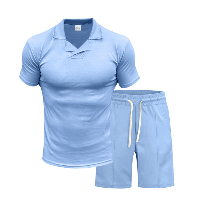 Men's short-sleeved polo lounge set with V-insert at the collar and drawstring bermuda StylebySassy