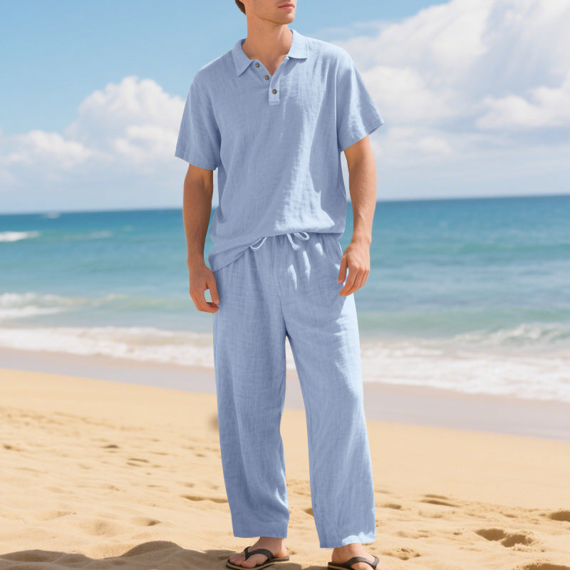 Men's airy linen ensemble with polo collar and adjustable waistband pants StylebySassy