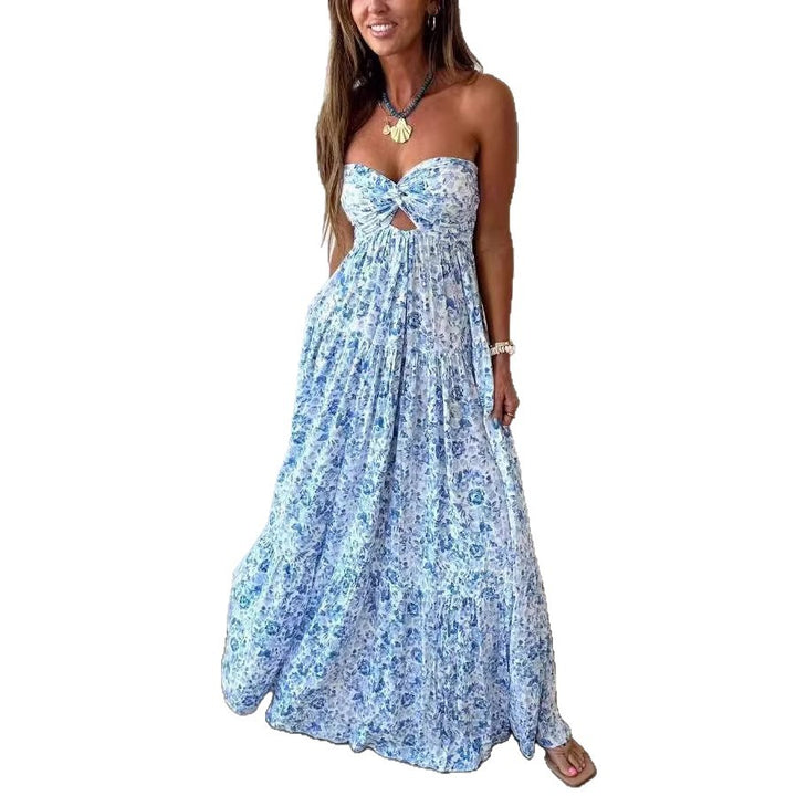 Ladies' strapless twisted bustier maxi dress with cut-out and multi-layered tiered skirt in lightweight crinkle quality StylebySassy
